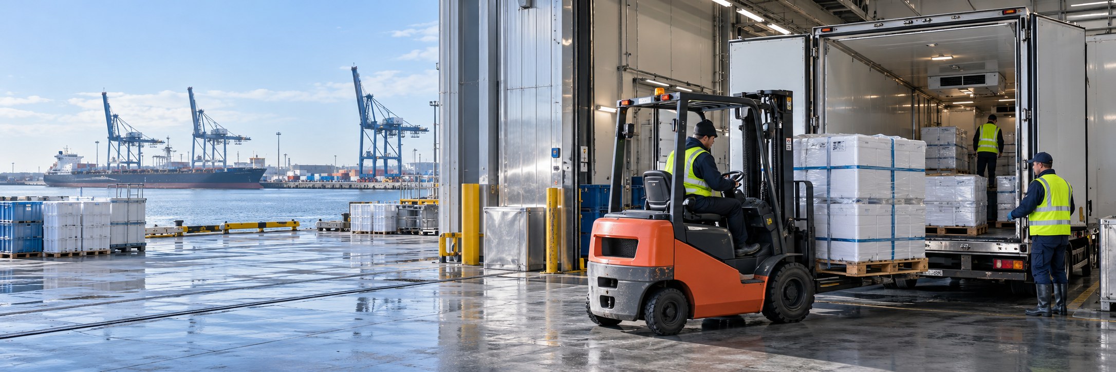Loading pallets into a refrigerated truck at a port cold store